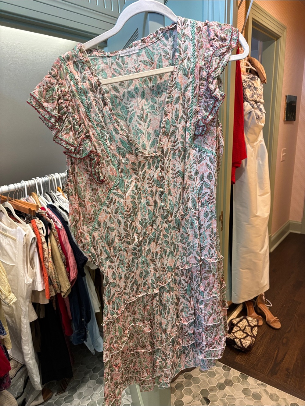 Poupette St. Barth Pink and Green Leaf-Print Mini Dress